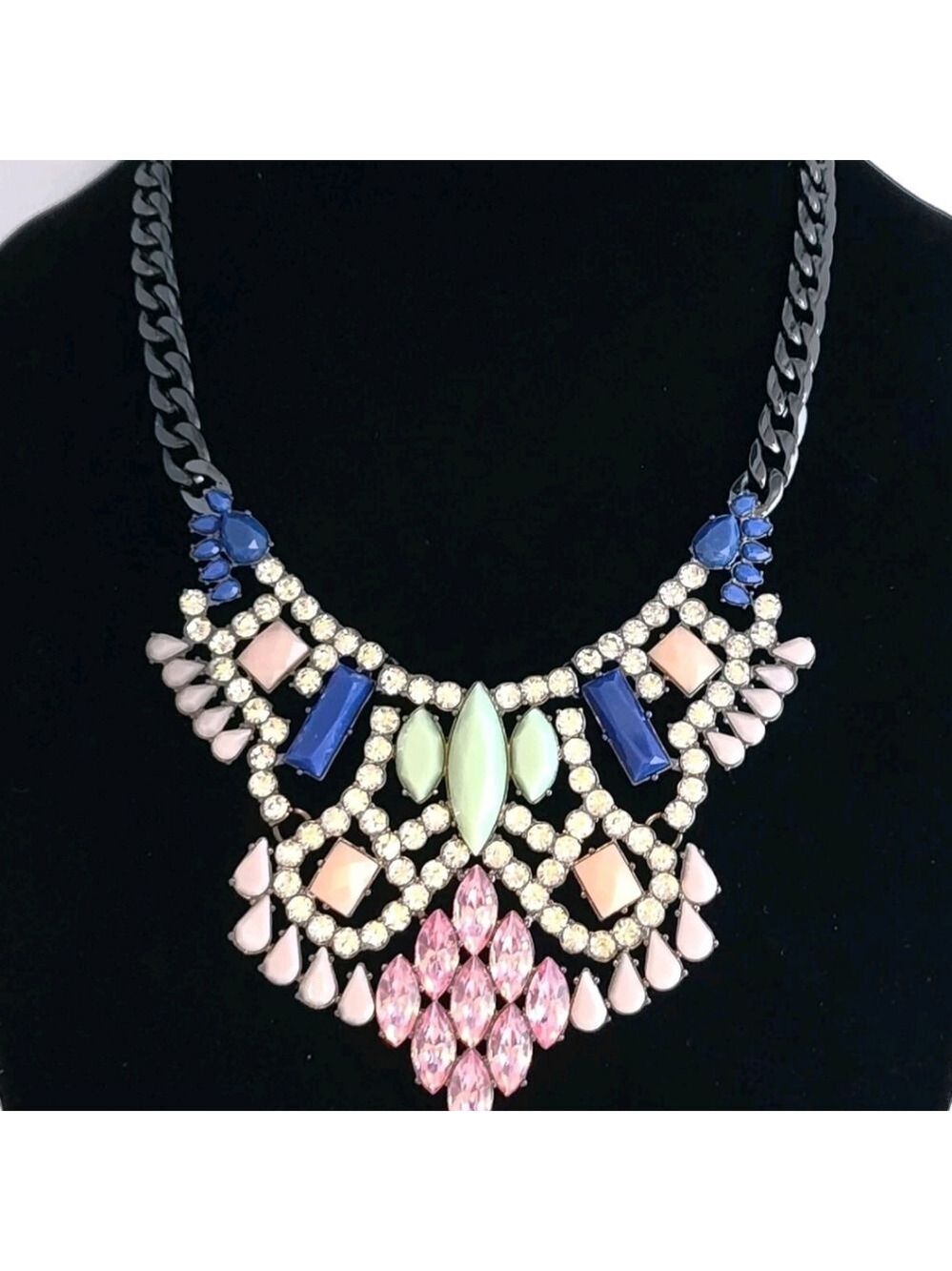 LORI GOLDSTEIN LOGO RUNWAY STATEMENT COLLAR NECKLACE PINK BLUE CRYSTAL GUNMETAL - Picture 7 of 14